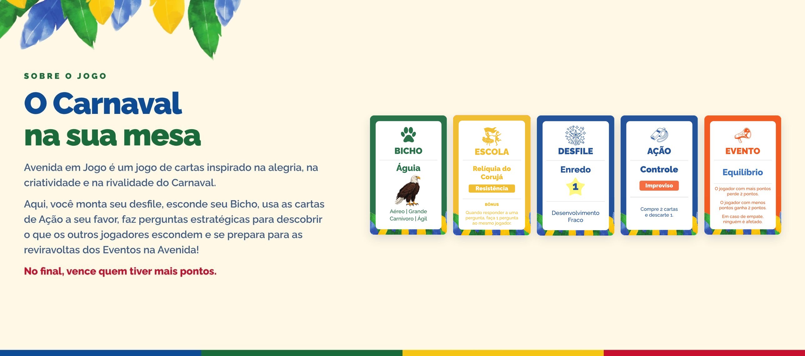 O Carnaval na sua mesa. Avenida em Jogo é um jogo de cartas inspirado na alegria, na criatividade e na rivalidade do Carnaval. Você monta seu desfile, esconde seu Bicho, usa as cartas de Ação, faz perguntas estratégicas e enfrenta os Eventos na Avenida. No final, vence quem tiver mais pontos.